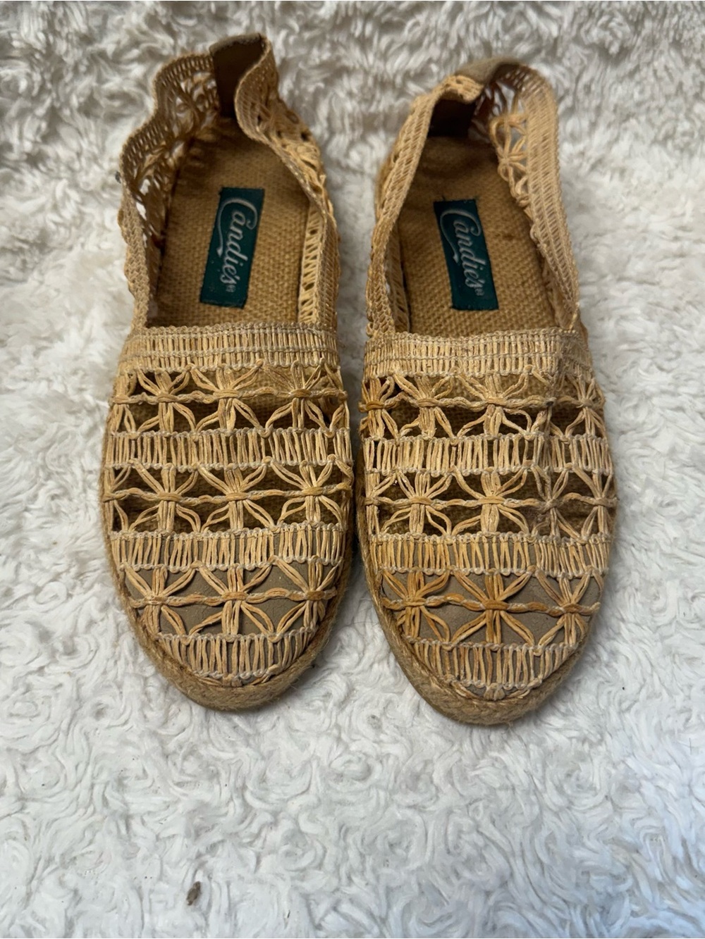 Candie’s Women’s 7.5 Crochet Woven Espadrille Slip On Flats Boho Tan